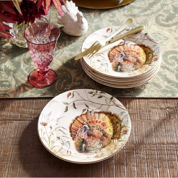 NEW Pottery Barn Bedford Harvest Autumnal Turkey Set Of 4 Salad Plates - Picture 1 of 3